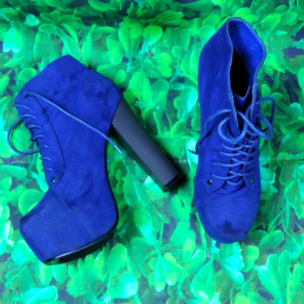 Glaze blue faux suede chunky heel platform ankle boots
